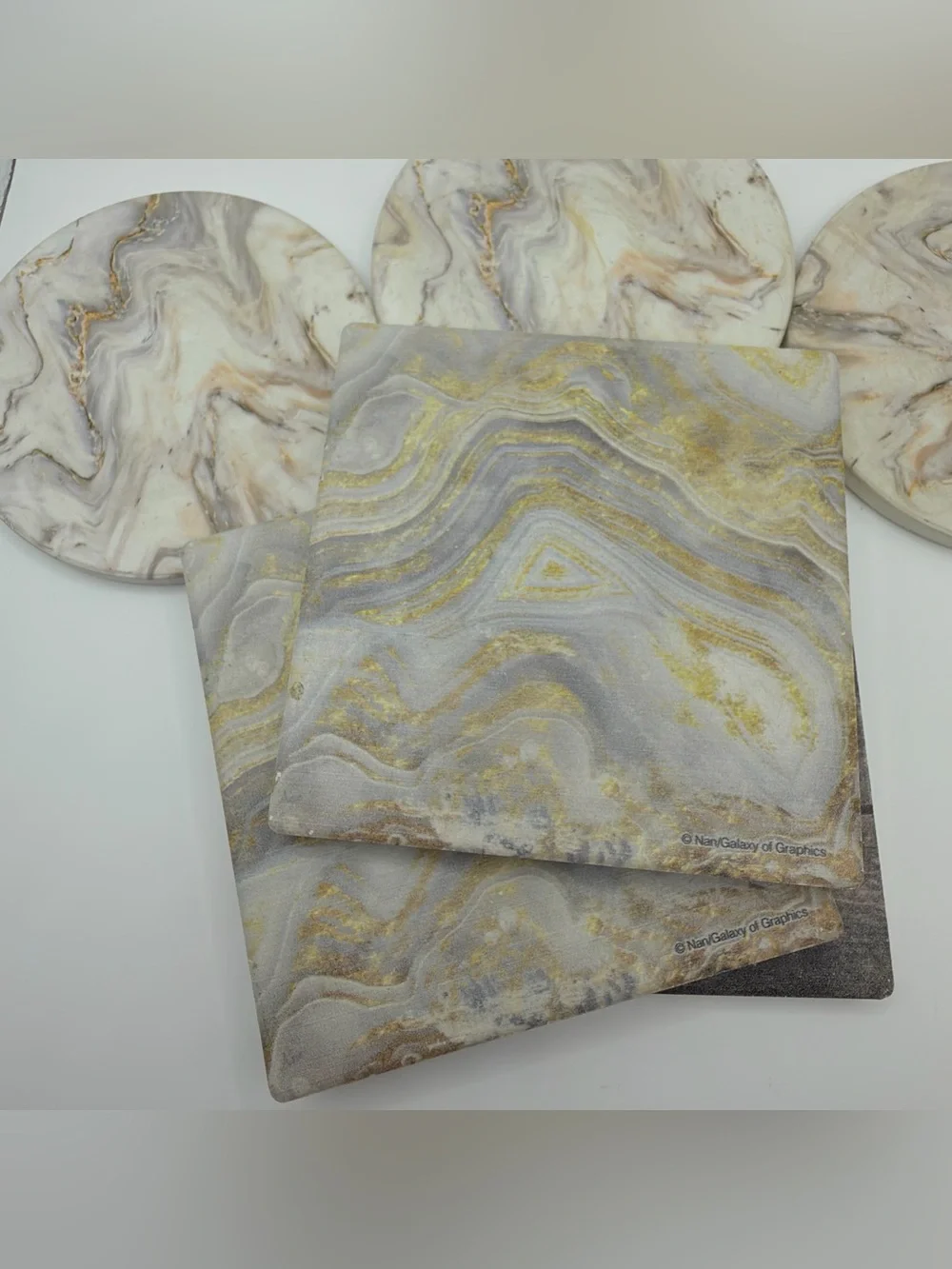 Marble Swirl Stone Coaster Set with Gold Accents